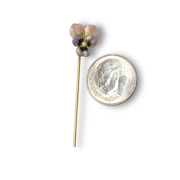 Antique 14K Gold Enamel Pansy Stickpin with Pearl | Edwardian Newark Era Jewelry - Picture 6 of 11